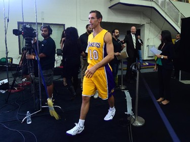 Steve Nash of the NBA's Los Angeles Lakers heads to his next interview on media day in El Segundo, California on September 29, 2014. The Los Angeles Lakers will open their season on October 29 against the Houston Rockets.