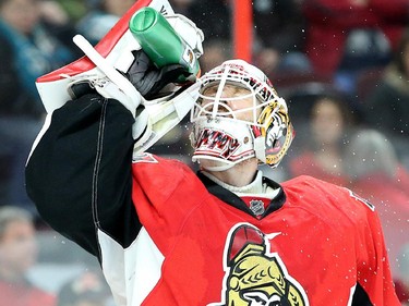 The Hamburgler, Andrew Hammond, cools off after 2-1 for San Jose in the second period.