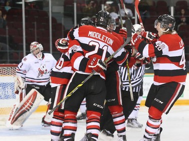 The Ottawa 67's celebrate their first goal against the Niagara IceDogs during first period OHL action.