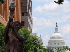 Washington, UNITED STATES: The Victims of Communism Memorial in Washington, DC, a replica of the Goddess of Democracy statue erected by protesters in Tiananmen Square in 1989, is shown during the memorial's dedication 12 June 2007. THe memorial recognizes those who have died under communism since Russia's Bolshevik Revolution in 1917.