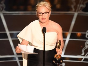 Winner for Best Supporting Actress Patricia Arquette accepts her award on stage at the 87th Oscars February 22, 2015 in Hollywood, California.