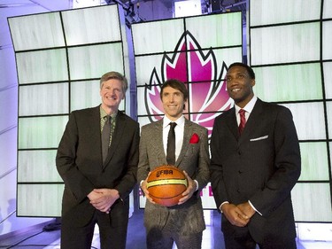 TORONTO, ONTARIO: MAY 8, 2012-- NASH TO LEAD--NBA all-star Steve Nash (CENTRE) poses for a photograph with Wayne Parrish (LEFT), President and CEO and Rowan Barrett (RIGHT), Assistant General Manager/Executive Vice-President after Nash was announced as General Manager of Canada's senior men's basketball team at Toronto's Air Canada Centre, Tuesday May 8, 2012.