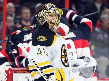 Tuukka Rask of the Boston Bruins looks dejected after the first goal by the Ottawa Senators during first period NHL action.