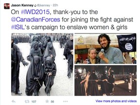 Twitter sent by Jason Kenney: "On #IWD2015, thank you to the @CanadianForces for joining the fight against #ISIL's campaign to enslave women & girls."