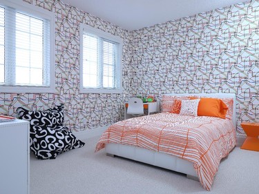 Another bedroom goes heavy with geometric patterns.