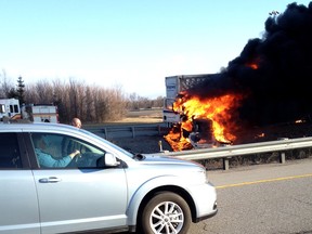 Tractor trailer on fire at Queensway and Moodie Drive