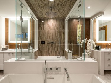 A luxurious his and hers ensuite took the People’s Choice Award for bathroom. (Nathan Kyle, Astro Design Centre, 1st place, bathroom: contemporary/modern, $40,000 and up.)