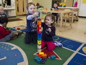 Jack and Sutton play with blocks at the Andrew Fleck Child Care Centre at Stittsville Public School in October.