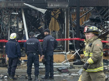 An overnight fire destroyed a commercial block at the intersection of Bank and 5th Ave in the Glebe.  (Pat McGrath / Ottawa Citizen)