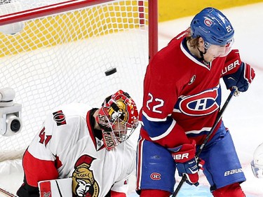 A goal gets past Craig Anderson with Dale Weiss in front in the third period as the Ottawa Senators take on the Montreal Canadiens at the Bell Centre in Montreal for Game 5 of the NHL Conference playoffs on Friday evening.