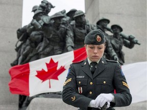 A sentry stands at the National War Memorial in Ottawa on the first day of their return to their post, on Thursday, April 9, 2015. Cpl. Nathan Cirillo, a reservist guarding the Tomb of the Unknown Soldier, was shot and killed by a gunman while on sentry duty on Oct. 22, 2014,.