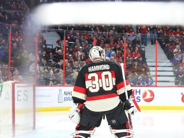 Andrew Hammond of the Ottawa Senators during second period NHL action.