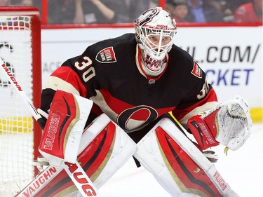 Andrew Hammond of the Ottawa Senators in action against the Tampa Bay Lightning during second period NHL action.