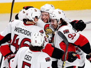 Bobby Ryan is congratulated on his goal in the first period as the Ottawa Senators take on the Montreal Canadiens at the Bell Centre in Montreal for Game 5.