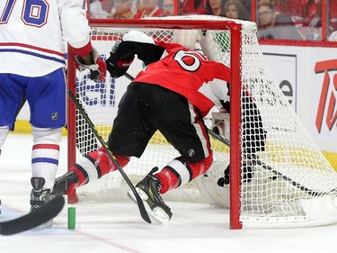 Bobby Ryan is sent flying into the net in the first period as the Ottawa Senators take on the Montreal Canadiens at the Canadian Tire Centre in Ottawa for Game 6 of the NHL Eastern Conference playoffs on Sunday evening.