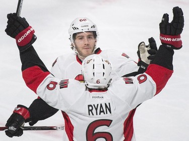 Ottawa Senators' Bobby Ryan (6) celebrates with teammate Mike Hoffman (68) after scoring against the Montreal Canadiens during first period of Game 5 NHL first round playoff hockey action in Montreal, Friday, April 24, 2015.