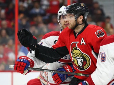 Bobby Ryan of the Ottawa Senators looks up at the referee to get a holding penalty against the Montreal Canadiens during second period of NHL action at Canadian Tire Centre in Ottawa, April 26, 2015.