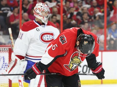 Bobby Ryan of the Ottawa Senators shows his dejection after not creating much offence against Carey Price of the Montreal Canadiens during second period of NHL action at Canadian Tire Centre in Ottawa, April 26, 2015.