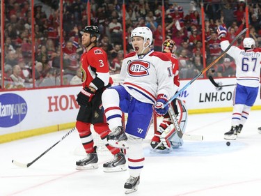 Brendan Gallagher of the Montreal Canadiens celebrates his goal against the Ottawa Senators during first period of NHL action at Canadian Tire Centre in Ottawa, April 26, 2015.  (Jean Levac/ Ottawa Citizen)