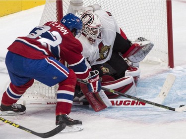 Montreal Canadiens' Brian Flynn scores past Ottawa Senators goalie Andrew Hammond during scond period of Game 1 NHL Stanley Cup first round playoff hockey action Wednesday, April 15, 2015 in Montreal.