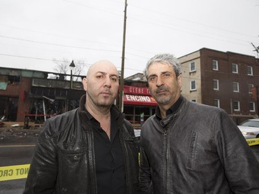 Bruce Saikaley, left, and Eli Saikaley are pictured in front of the remains of their longtime business Silver Scissors Hair salon.