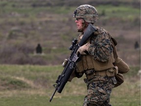 A US Marine trains with North Atlantic Treaty Organization (NATO) ally Bulgaria on April 14, 2015 in the Platinum Lion 15-2 exercise at the Novo Selo military ground.