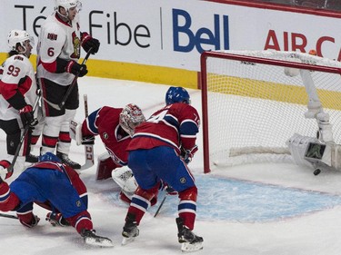 Ottawa Senators' Mika Zibanejad(93) cores past Montreal Canadiens goalie Carey Price during second period of Game 1 NHL Stanley Cup first round playoff hockey action Wednesday, April 15, 2015 in Montreal.