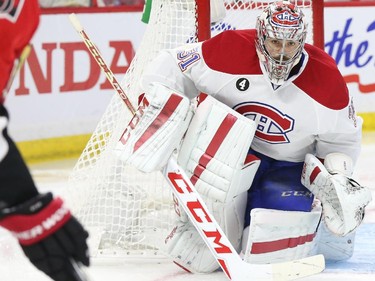 Carey Price of the Montreal Canadiens against the Ottawa Senators during second period of NHL action at Canadian Tire Centre in Ottawa, April 26, 2015.