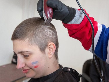 Carol Anne Laporte-Eare has a Habs logo shaved on her head the Ottawa Senators get set to take on the Montreal Canadiens at the Bell Centre in Montreal for Game 5 of the NHL Conference playoffs on Friday evening.