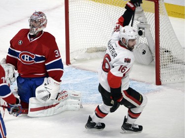 Ottawa Senators left wing Clarke MacArthur (16) reacts after scoring the first goal on Montreal Canadiens goalie Carey Price (31) during first period of Game 2 NHL first round playoff hockey action Friday, April 17, 2015 in Montreal.
