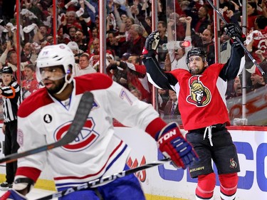 Clarke MacArthur (R) reacts to his goal with P.K. Subban skating away in the first period as the Montreal Canadiens and the Ottawa Senators play game 3 of the first round playoffs at Canadian Tire Centre.