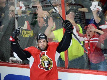 Ottawa Senators forward Clarke MacArthur celebrates a goal against the Montreal Canadiens during the first period of game 3 of first round Stanley Cup NHL playoff hockey action in Ottawa on Sunday, April 19, 2015.