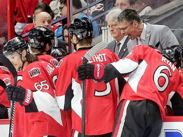Coach Dave Cameron tries to make a point to the players in the second period as the Ottawa Senators take on the Montreal Canadiens at the Canadian Tire Centre in Ottawa for Game 6 of the NHL Eastern Conference playoffs on Sunday evening.