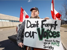 Cpl. Clayton Goodwin (ret'd) protested the Veterans for the Use of Medical Marijuana Society's exclusion from Veterans Affairs stakeholder meetings at the Canadian War Museum on Tuesday. Jesse Winter/ Ottawa Citizen.
0415 veterans