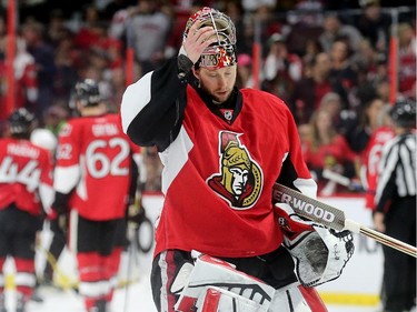 Craig Anderson collects his thoughts after a time out in the second period as the Ottawa Senators take on the Montreal Canadiens at the Canadian Tire Centre in Ottawa for Game 6 of the NHL Eastern Conference playoffs on Sunday evening.