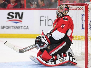 Craig Anderson contemplates the stop he made on Brandon Prust who was on a short handed brea away in the second period.