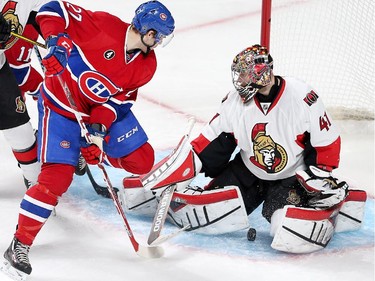 Craig Anderson escapes a close one as Alex Galchenyuk misses a chance in the second period as the Ottawa Senators take on the Montreal Canadiens at the Bell Centre in Montreal for Game 5 of the NHL Conference playoffs on Friday evening. Assignment - 120437 Photo taken at 20:20 on April 24. (Wayne Cuddington / Ottawa Citizen)