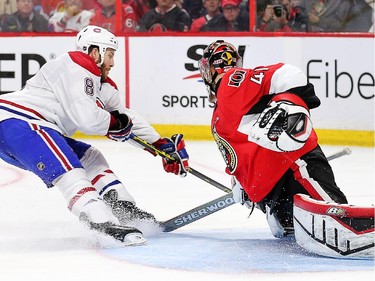 Craig Anderson makes a stop on Brandon Prust who was on a short handed breakaway in the second period.