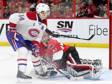Craig Anderson makes a stop on Tomas Plekanec in the second period as the Ottawa Senators take on the Montreal Canadiens at the Canadian Tire Centre in Ottawa for Game 6 of the NHL Eastern Conference playoffs on Sunday evening.