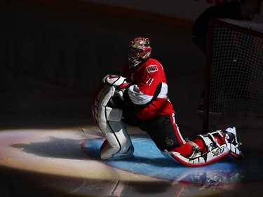 Craig Anderson  of the Ottawa Senators against the Montreal Canadiens during first period action at Canadian Tire Centre in Ottawa, April 19, 2015.