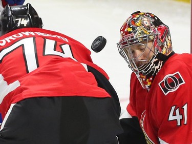 Craig Anderson  of the Ottawa Senators makes the save against the Montreal Canadiens during first period action at Canadian Tire Centre in Ottawa, April 19, 2015.  (Jean Levac/ Ottawa Citizen)