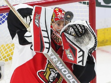 Craig Anderson of the Ottawa Senators makes the save against the Montreal Canadiens during second period action.