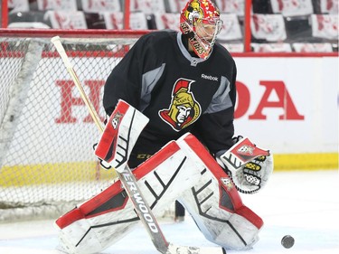 Craig Anderson of the Ottawa Senators makes the save during practice at Canadian Tire Centre, April 26, 2015.