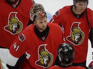 Ottawa Senators' goaltender Craig Anderson (41) leaves the ice at the end of Game 5.