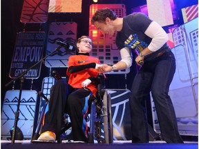 Craig Kielburger (R) of We Day was on stage with Jonathan Pitre during the We Day festivities in Ottawa, April 01, 2015.