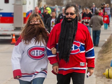 Craig MacPherson (R) and Dina Meiusi have their playoff beards on as they head to the Fan Zone as the Ottawa Senators get set to take on the Montreal Canadiens at the Canadian Tire Centre in Ottawa for Game 6 of the NHL Eastern Conference playoffs on Sunday evening.