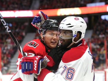 Curtis Lazar and PK Subban battle in the third period as the Ottawa Senators take on the Montreal Canadiens at the Canadian Tire Centre in Ottawa for Game 6 of the NHL Eastern Conference playoffs on Sunday evening.