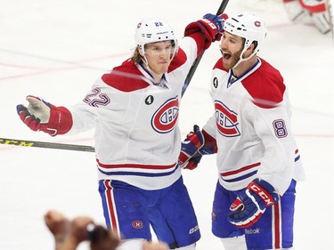 Dale Weise (L) of the Montreal Canadiens celebrates his game winning goal with Brandon Prust after beating the Ottawa Senators at Canadian Tire Centre in Ottawa, April 19, 2015.  (Jean Levac/ Ottawa Citizen)