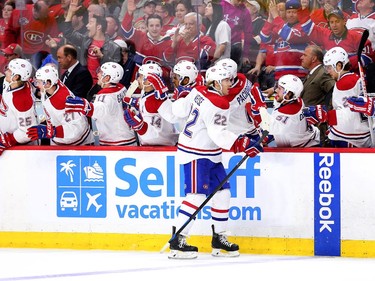 Dale Weiss (22) is congratulated on the tying goal in the third period as the Montreal Canadiens and the Ottawa Senators play game 3 of the first round playoffs at Canadian Tire Centre.