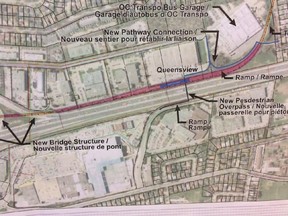 Detail from map of proposed western extension of Ottawa's LRT system just east of Pinecrest shows a pedestrian bridge linking Baxter Road at the Ottawa Citizen building with the north side of the Queensway.